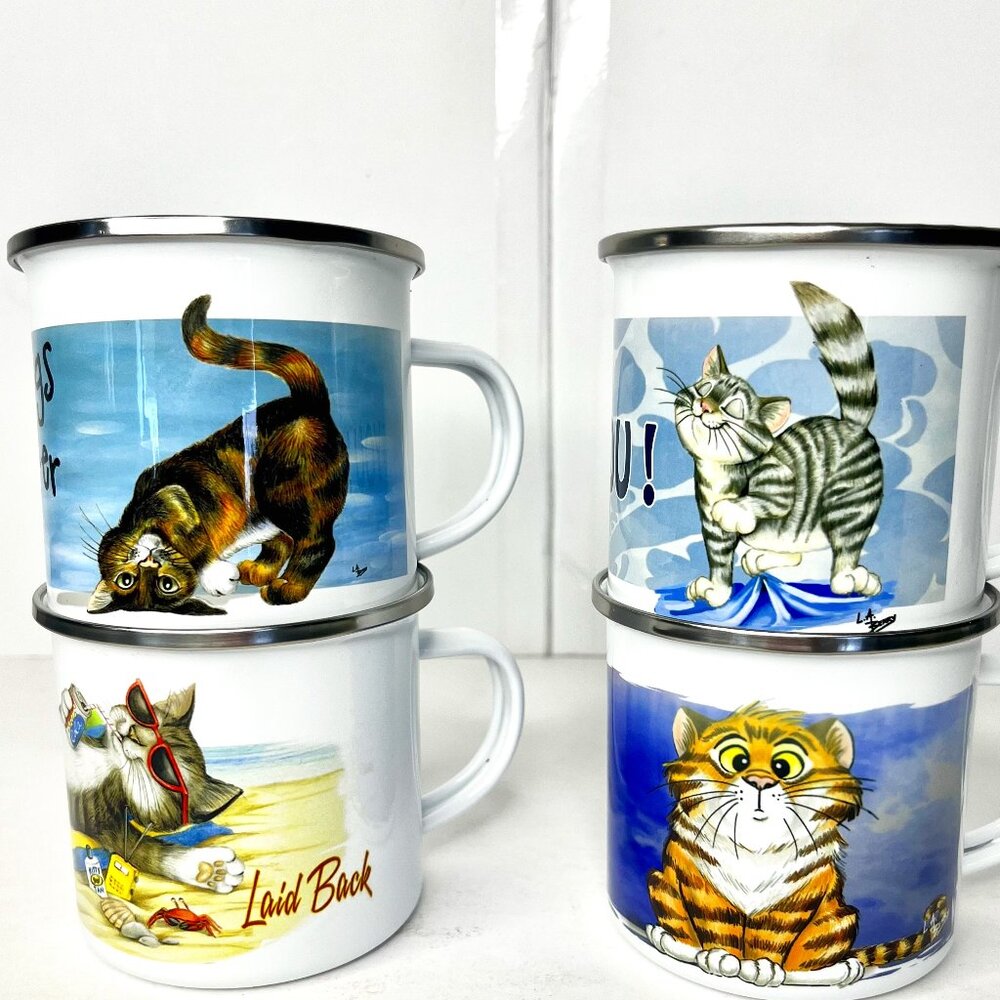 Set of 4 Cute Kittens Enamel Coffee Tea 12oz Mugs Cat Design Camping